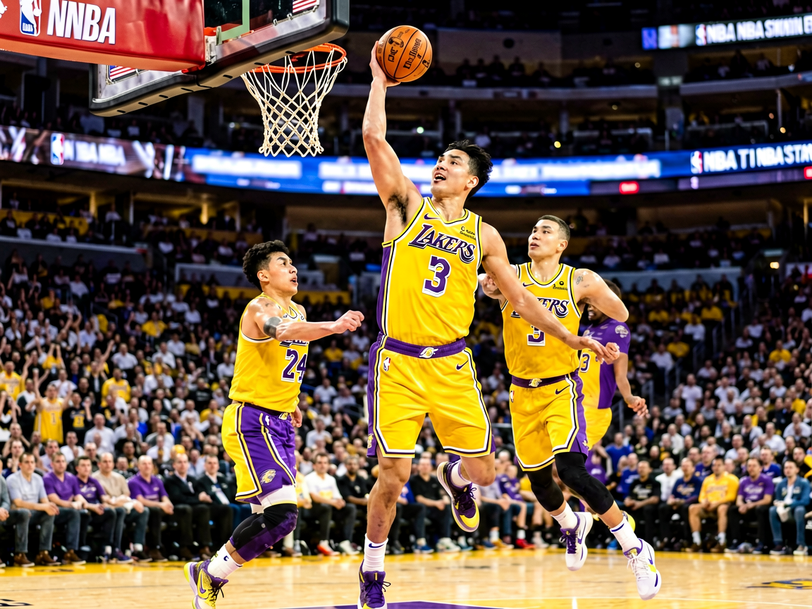 NBA常规赛比赛现场，球员突破上篮精彩瞬间