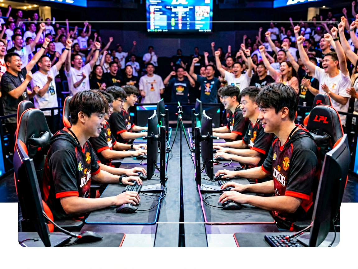 电竞比赛现场，选手在赛场专注操作，观众热情欢呼